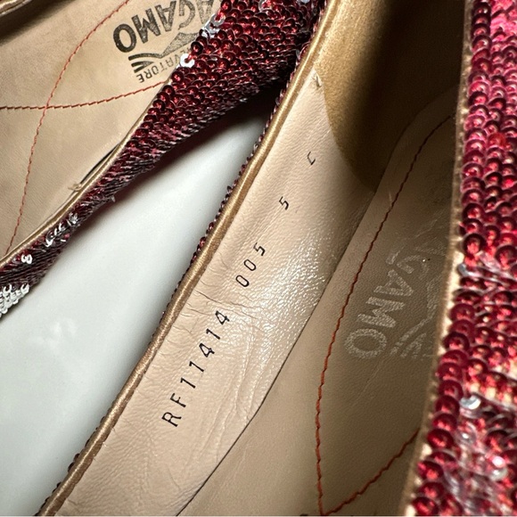 Salvatore Ferragamo Red Silver Sequins Ballet Satin Flats Bow Accent 5 Dorothy